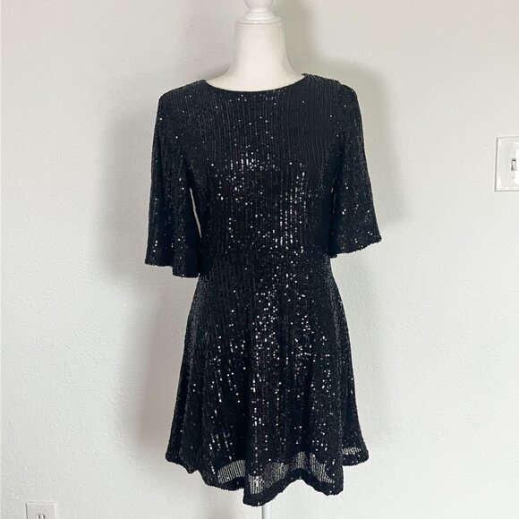 Old Navy Black Sequin Dress Open Back Flutter Sleeve Party Cocktail Size Medium - Picture 3 of 10